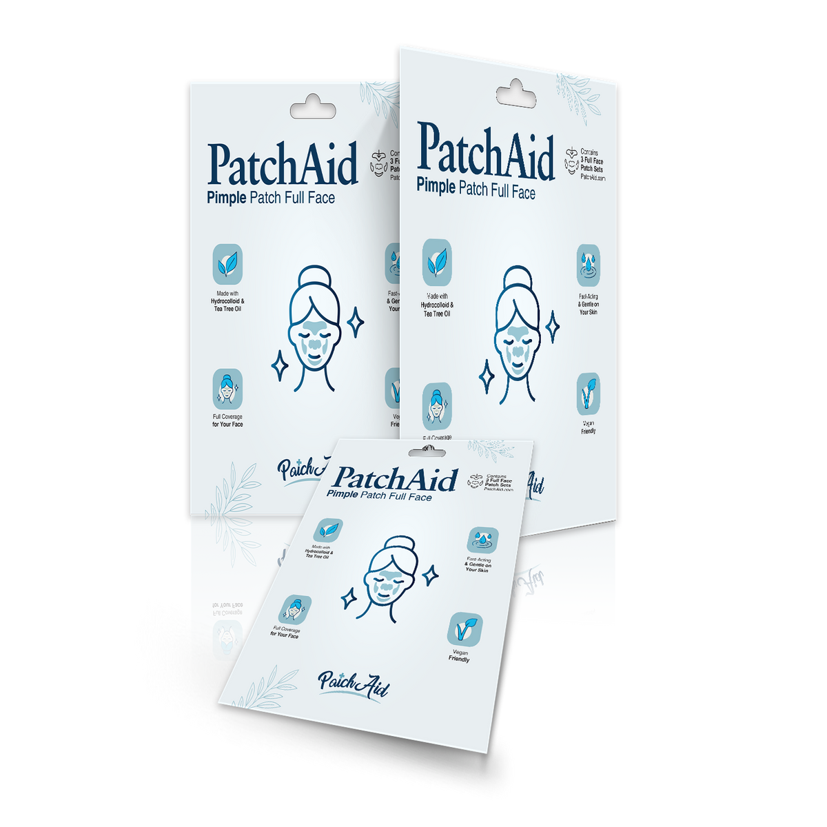 Three packages of PatchAid Pimple Patch Full Face are displayed, featuring a smiling face illustration, highlighting benefits like full coverage and vegan-friendly ingredients.