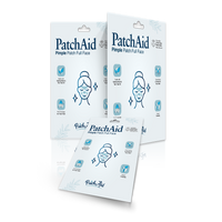Three packages of PatchAid Pimple Patch Full Face are displayed, featuring a smiling face illustration, highlighting benefits like full coverage and vegan-friendly ingredients.