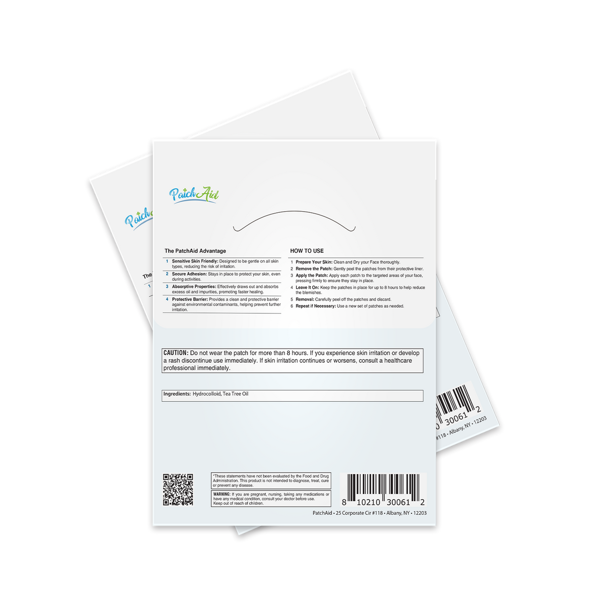 A product packaging for PatchAid, featuring instructions on how to use a skin patch, highlighting benefits like skin sensitivity and natural ingredients, with cautionary notes at the bottom.