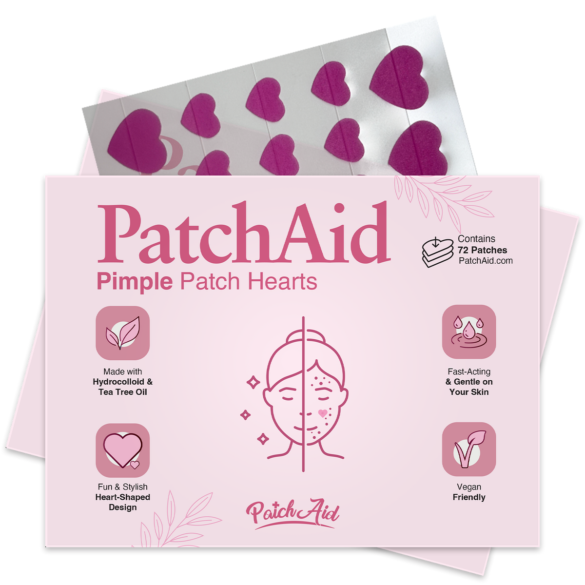 Pimple Patch Hearts – 72 Hydrocolloid Patches in 2 Heart Sizes with Tea Tree Oil