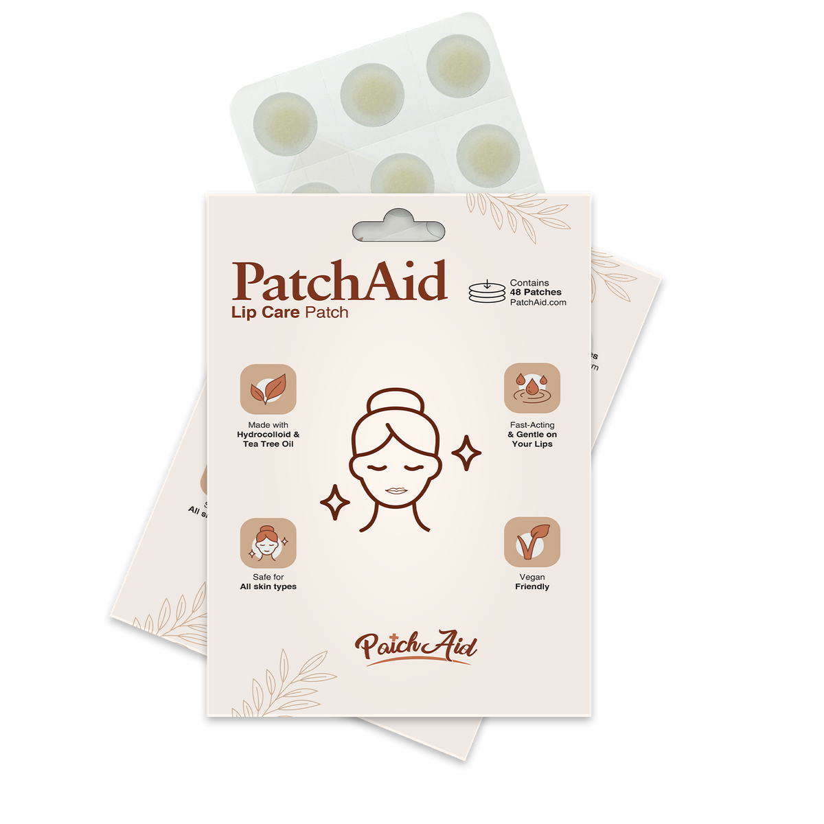 A product package for PatchAid Lip Care Patches features a woman’s face icon, highlights ingredients like tea tree oil, and indicates it's safe for all skin types and vegan-friendly.
