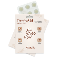 A product package for PatchAid Lip Care Patches features a woman’s face icon, highlights ingredients like tea tree oil, and indicates it's safe for all skin types and vegan-friendly.