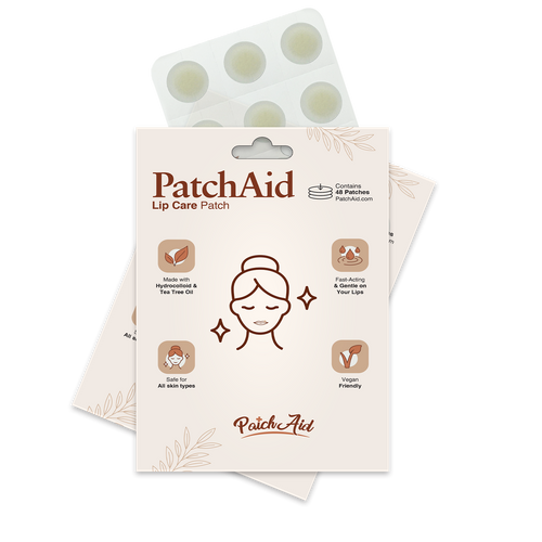 A product package for PatchAid Lip Care Patches features a woman’s face icon, highlights ingredients like tea tree oil, and indicates it's safe for all skin types and vegan-friendly.