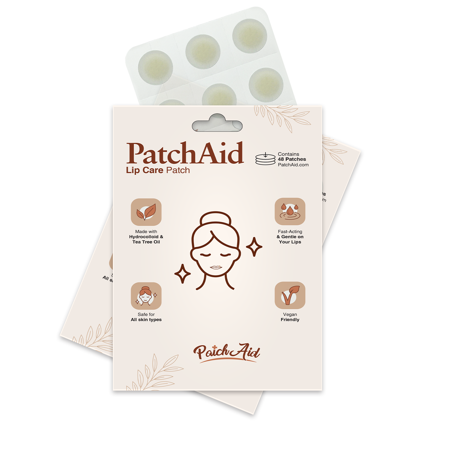 A product package for PatchAid Lip Care Patches features a woman’s face icon, highlights ingredients like tea tree oil, and indicates it's safe for all skin types and vegan-friendly.