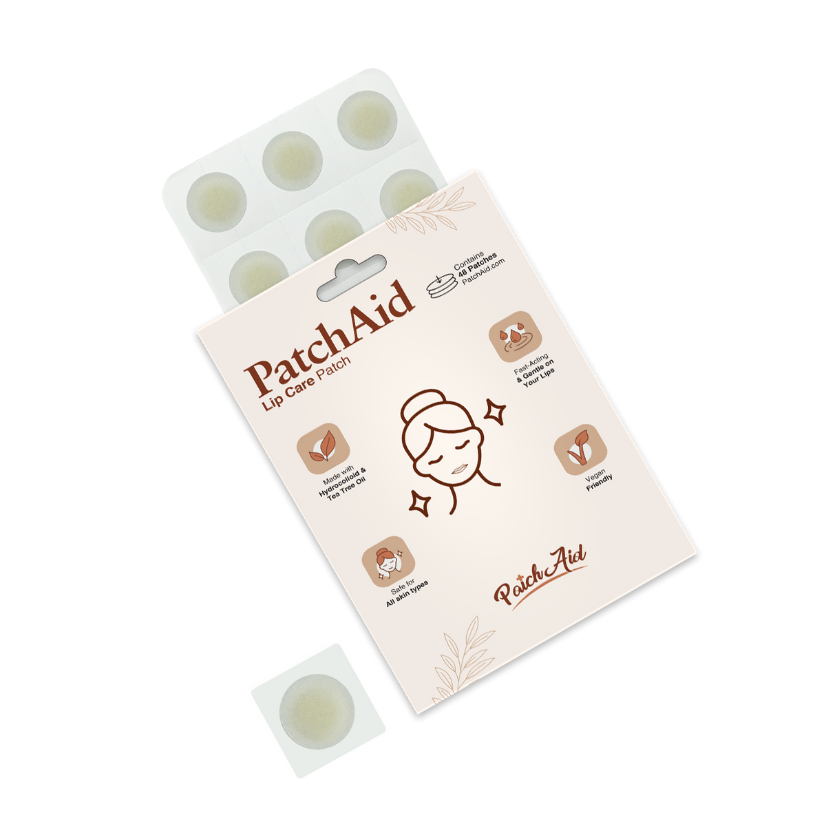 A package of PatchAid lip care patches features a smiling woman with glowing skin, highlighting benefits like hydration and suitability for all skin types, with six patches visible on a backing sheet.