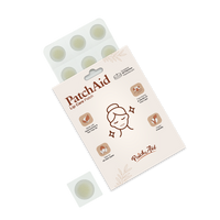 A package of PatchAid lip care patches features a smiling woman with glowing skin, highlighting benefits like hydration and suitability for all skin types, with six patches visible on a backing sheet.