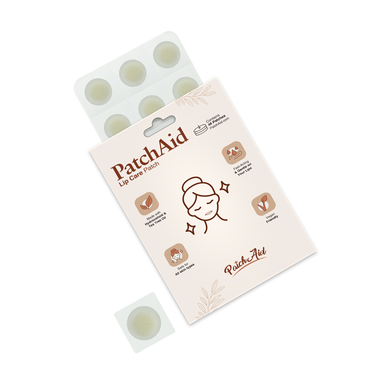 A package of PatchAid lip care patches features a smiling woman with glowing skin, highlighting benefits like hydration and suitability for all skin types, with six patches visible on a backing sheet.