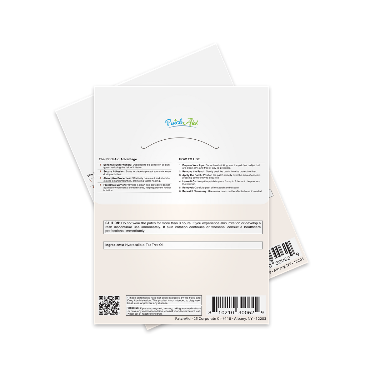 The back of a PatchAid product package displays usage instructions, ingredients, and safety warnings, featuring a clean design with a logo at the top and a barcode at the bottom.