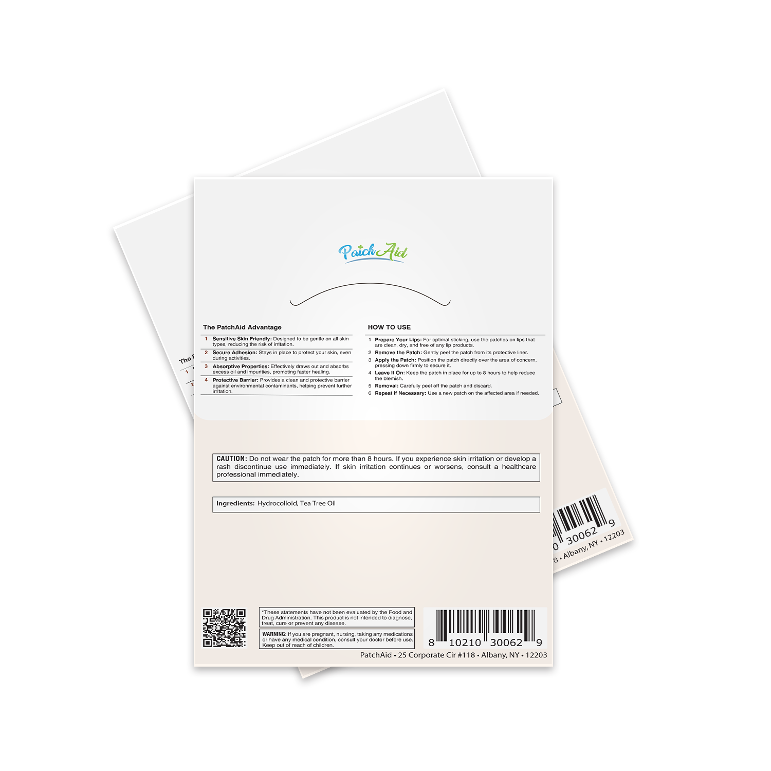 The back of a PatchAid product package displays usage instructions, ingredients, and safety warnings, featuring a clean design with a logo at the top and a barcode at the bottom.