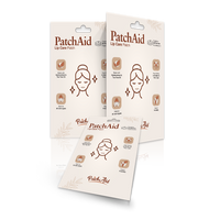 Three packages of PatchAid Lip Care Patches are displayed, featuring a simple design with a woman's face and icons highlighting benefits like hydration and suitability for all skin types.