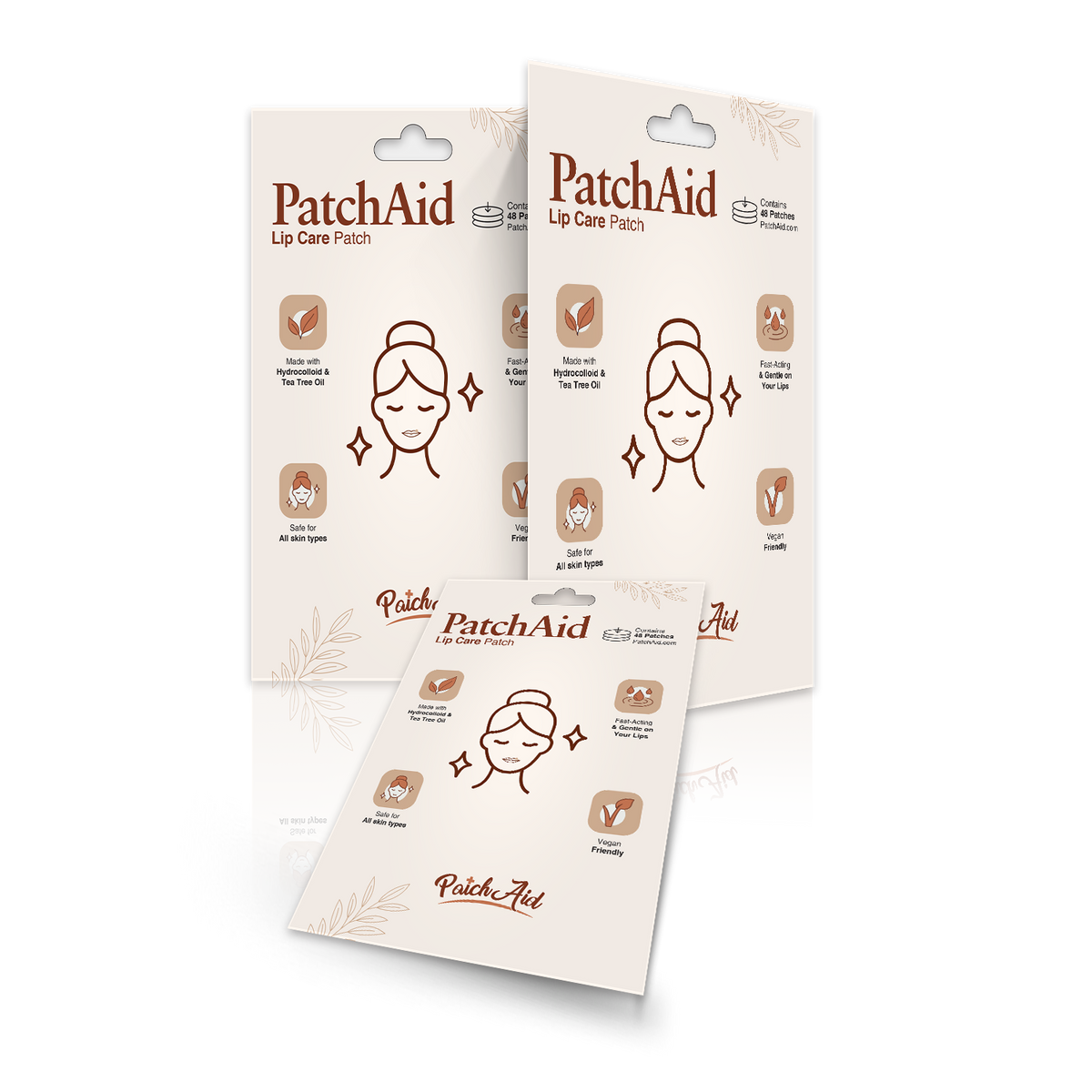 Three packages of PatchAid Lip Care Patches are displayed, featuring a simple design with a woman's face and icons highlighting benefits like hydration and suitability for all skin types.