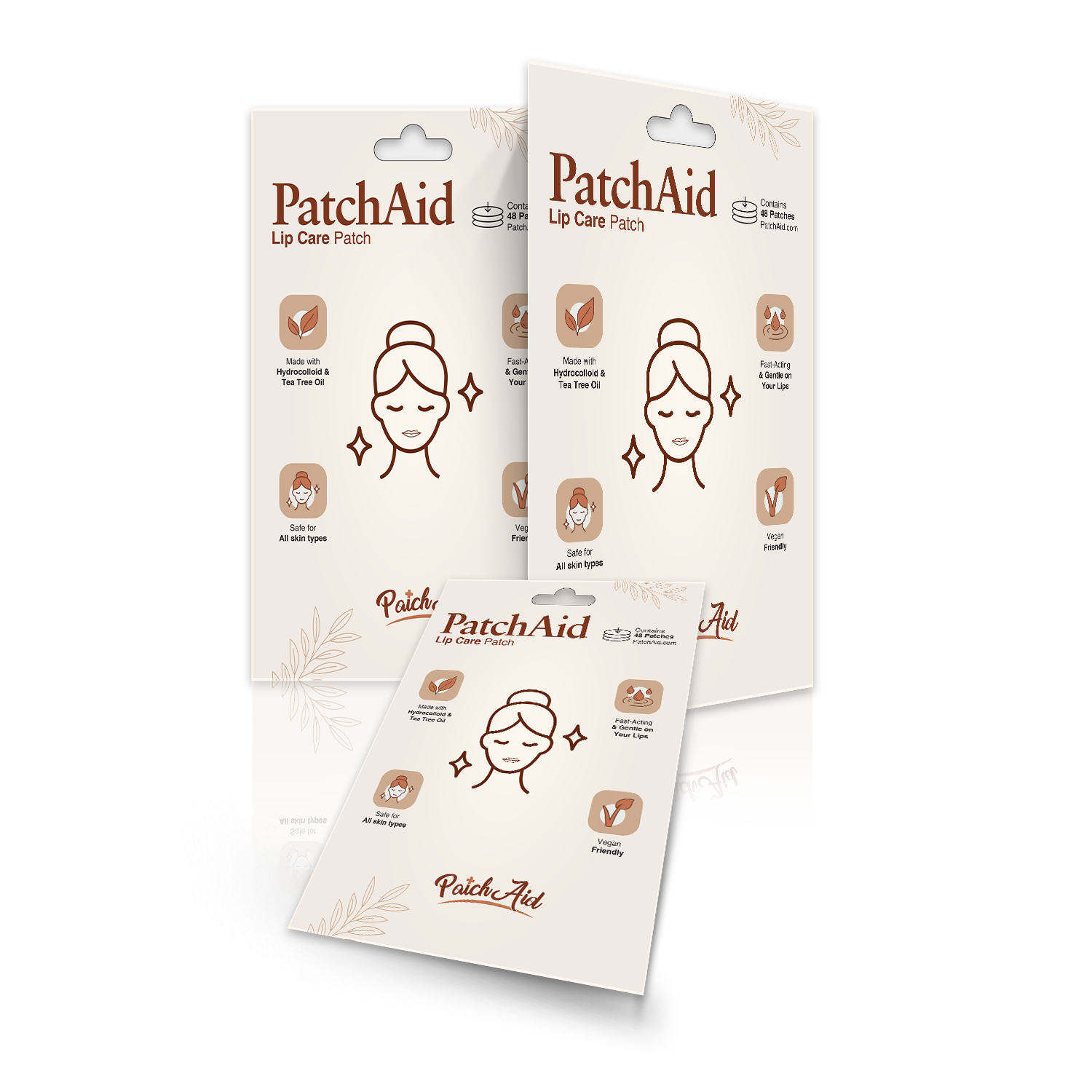 Three packages of PatchAid Lip Care Patches are displayed, featuring a simple design with a woman's face and icons highlighting benefits like hydration and suitability for all skin types.