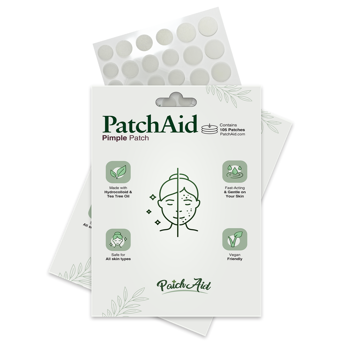 A package of PatchAid Pimple Patches features an illustration of a face with blemishes, highlighting benefits like being vegan, fast-acting, and suitable for all skin types.