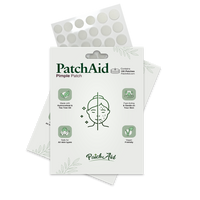 A package of PatchAid Pimple Patches features an illustration of a face with blemishes, highlighting benefits like being vegan, fast-acting, and suitable for all skin types.