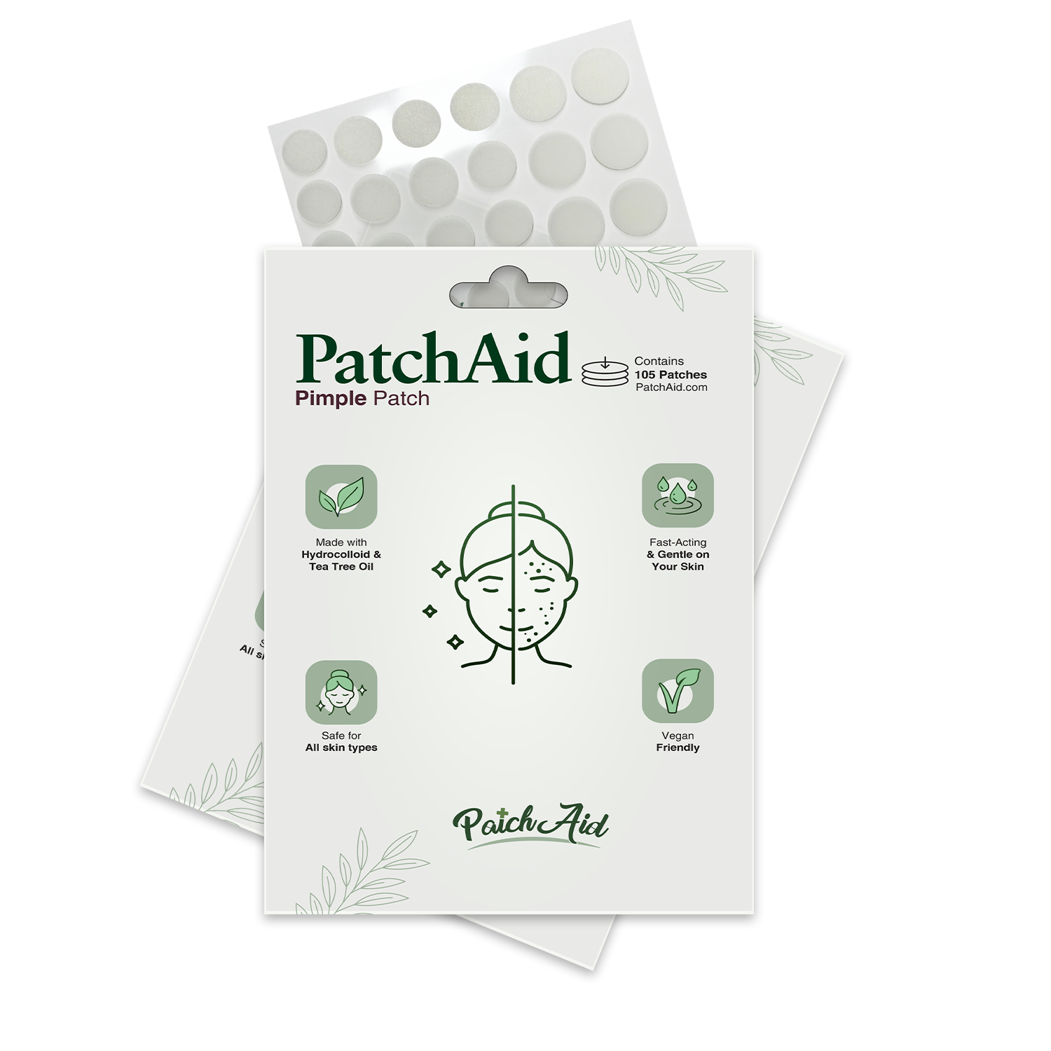 A package of PatchAid Pimple Patches features an illustration of a face with blemishes, highlighting benefits like being vegan, fast-acting, and suitable for all skin types.