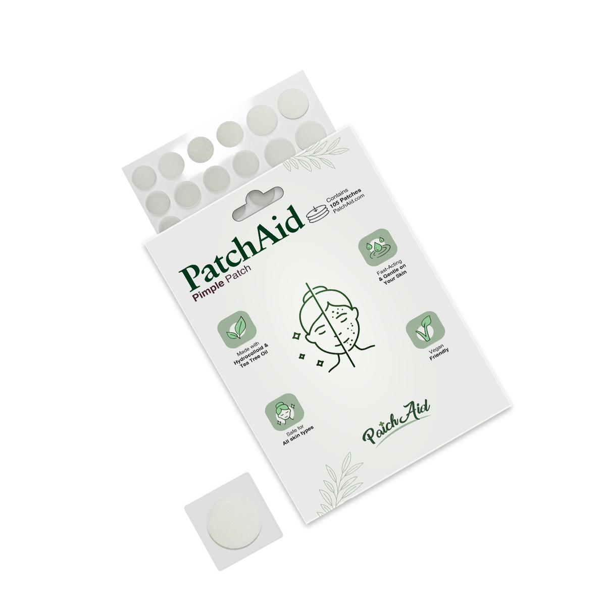 A package of PatchAid Pimple Patches is displayed, featuring a clear window showing round patches, with illustrations and text highlighting benefits for skin care.