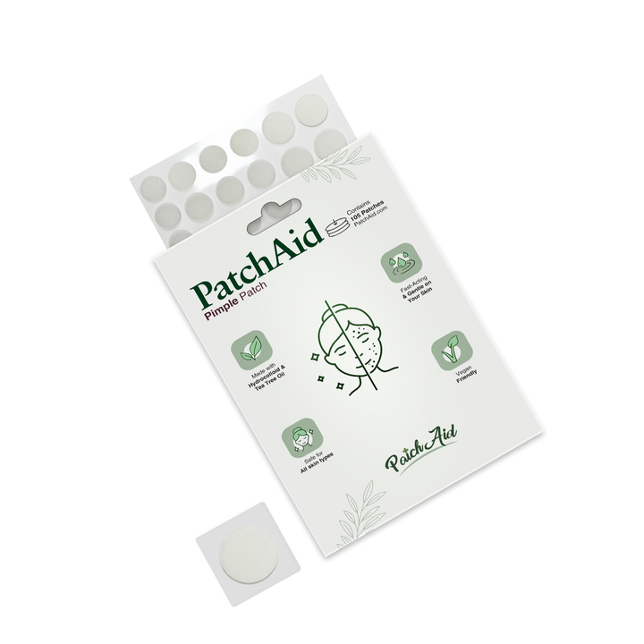A package of PatchAid Pimple Patches is displayed, featuring a clear window showing round patches, with illustrations and text highlighting benefits for skin care.