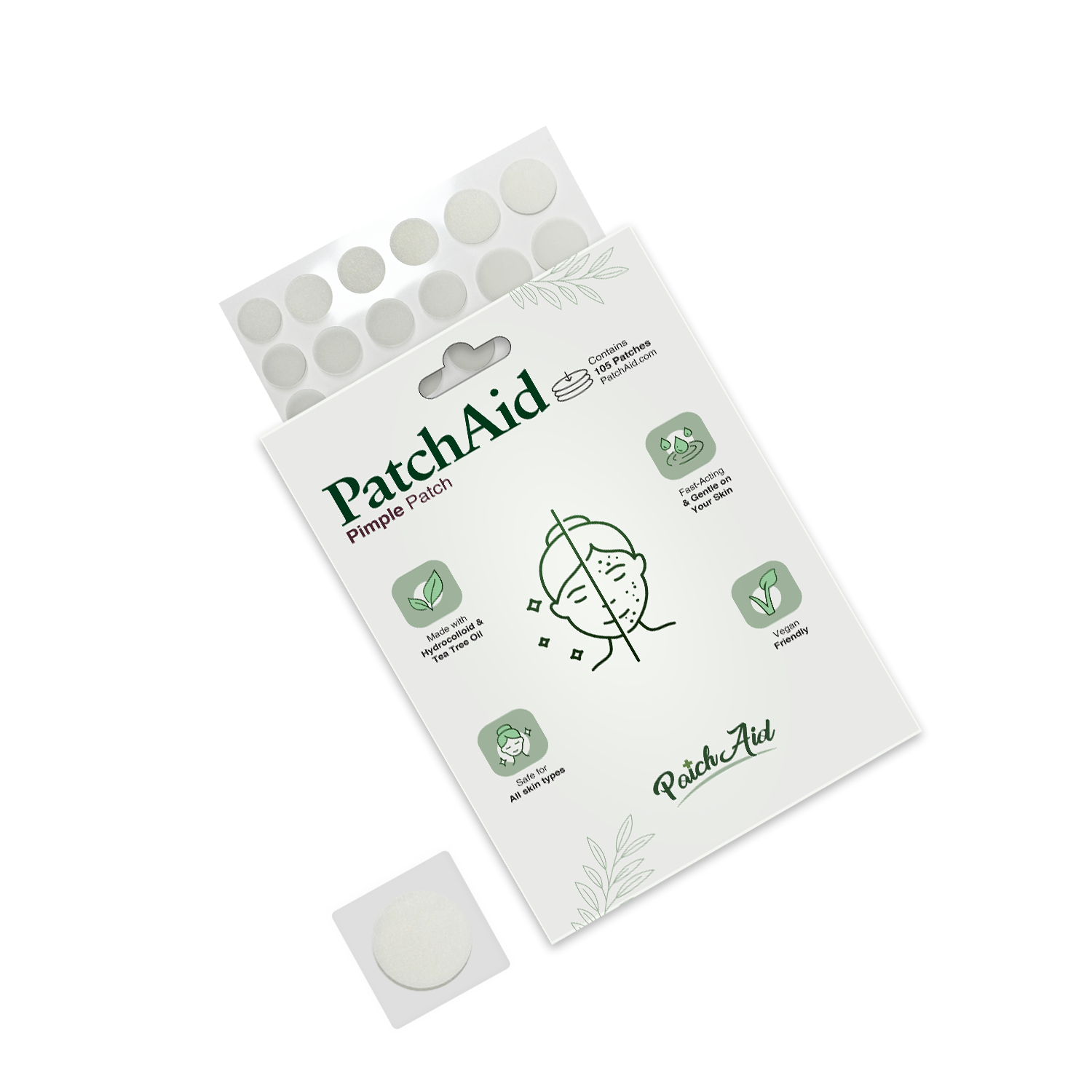 A package of PatchAid Pimple Patches is displayed, featuring a clear window showing round patches, with illustrations and text highlighting benefits for skin care.