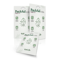 Three packages of PatchAid Pimple Patches are displayed, featuring illustrations of a face with acne, and icons highlighting ingredients like hydrocolloid and tea tree oil, emphasizing skin safety and vegan friendliness.