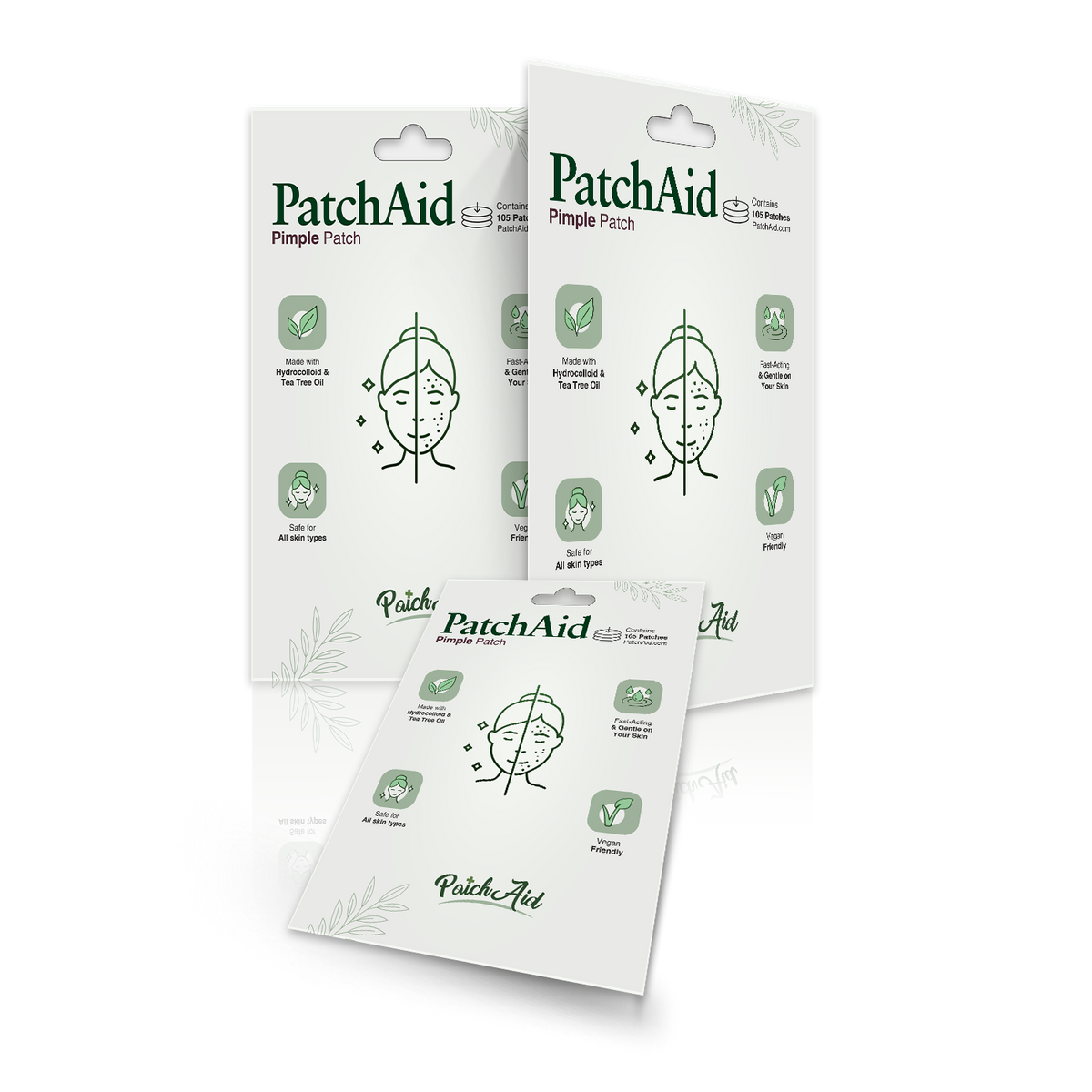 Three packages of PatchAid Pimple Patches are displayed, featuring illustrations of a face with acne, and icons highlighting ingredients like hydrocolloid and tea tree oil, emphasizing skin safety and vegan friendliness.