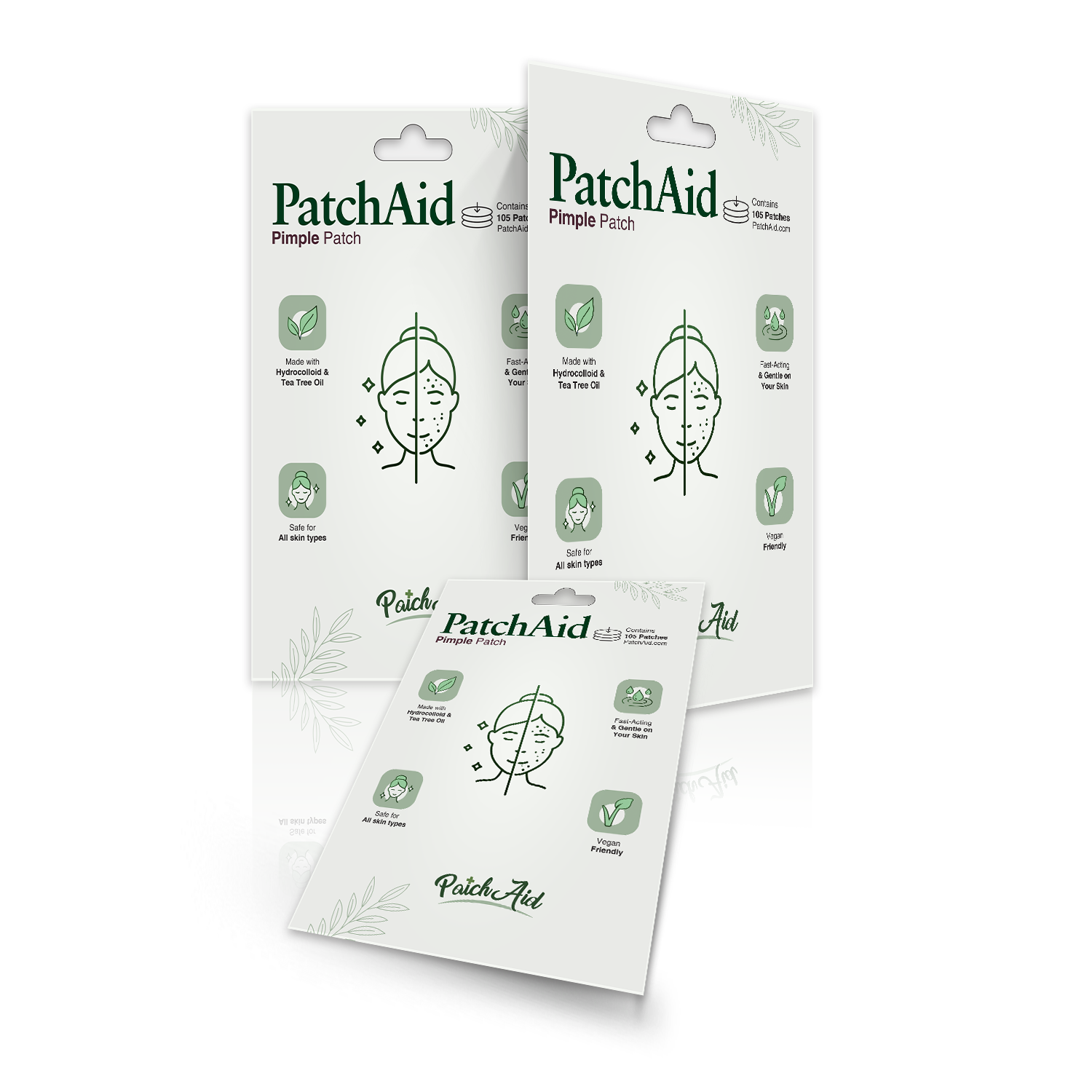 Three packages of PatchAid Pimple Patches are displayed, featuring illustrations of a face with acne, and icons highlighting ingredients like hydrocolloid and tea tree oil, emphasizing skin safety and vegan friendliness.