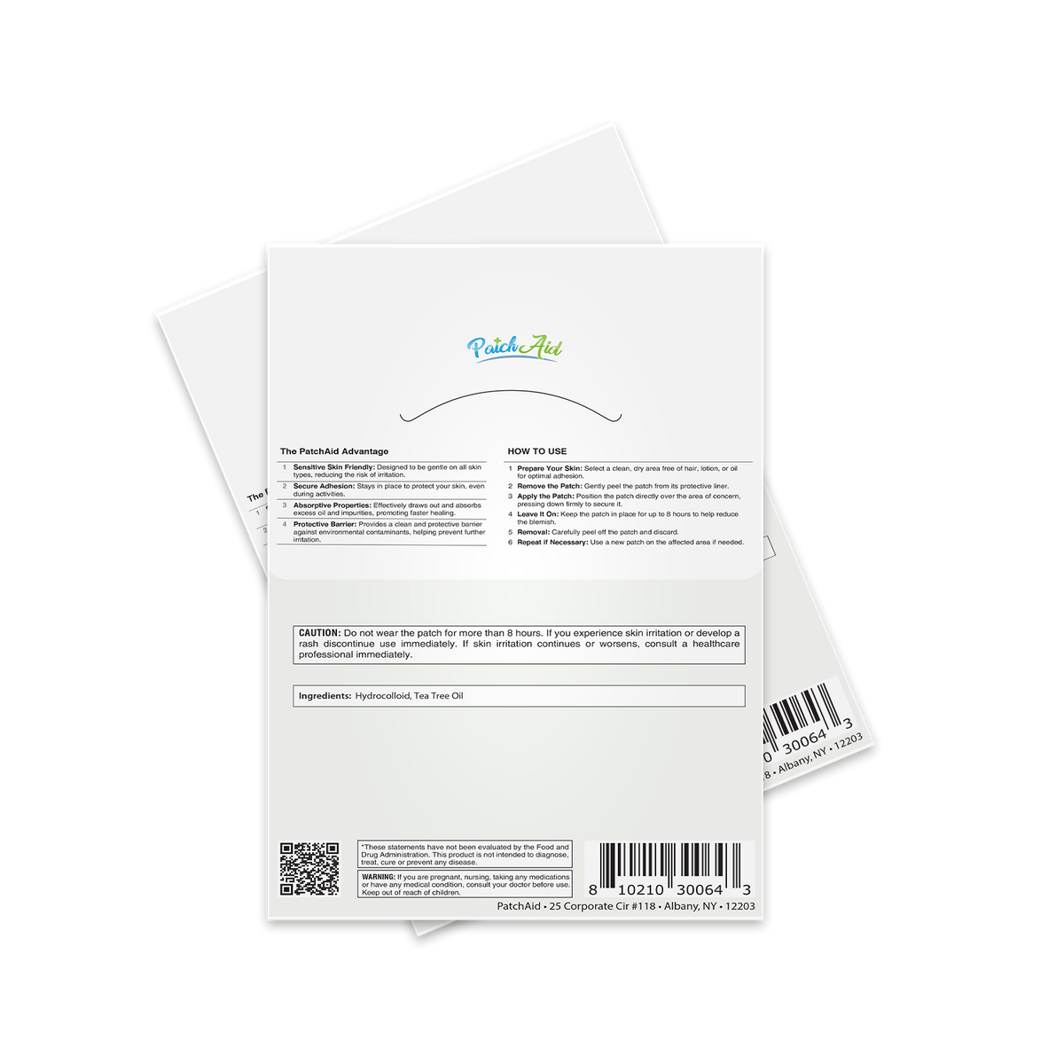 The back of a PatchAid product package displays usage instructions, ingredients, and safety warnings, with a clean design featuring the brand logo and a barcode.