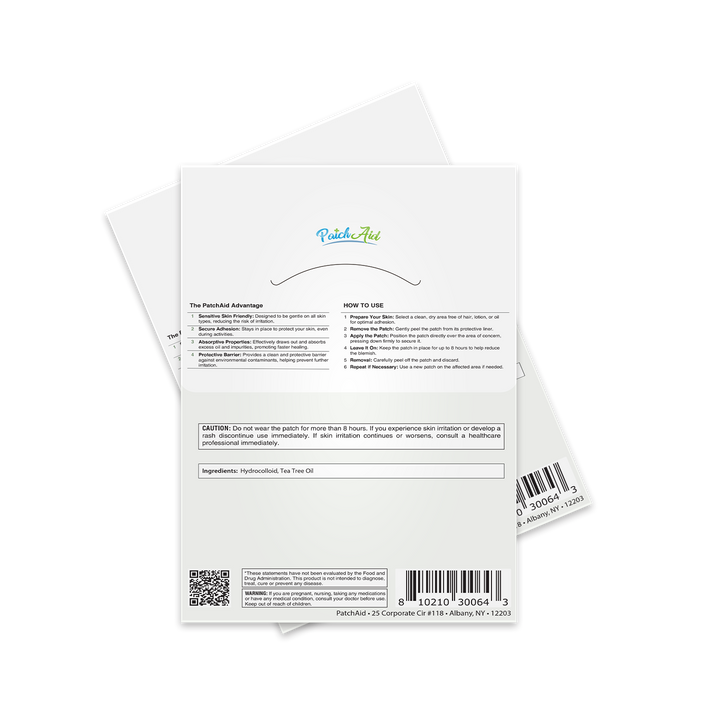 The back of a PatchAid product package displays usage instructions, ingredients, and safety warnings, with a clean design featuring the brand logo and a barcode.
