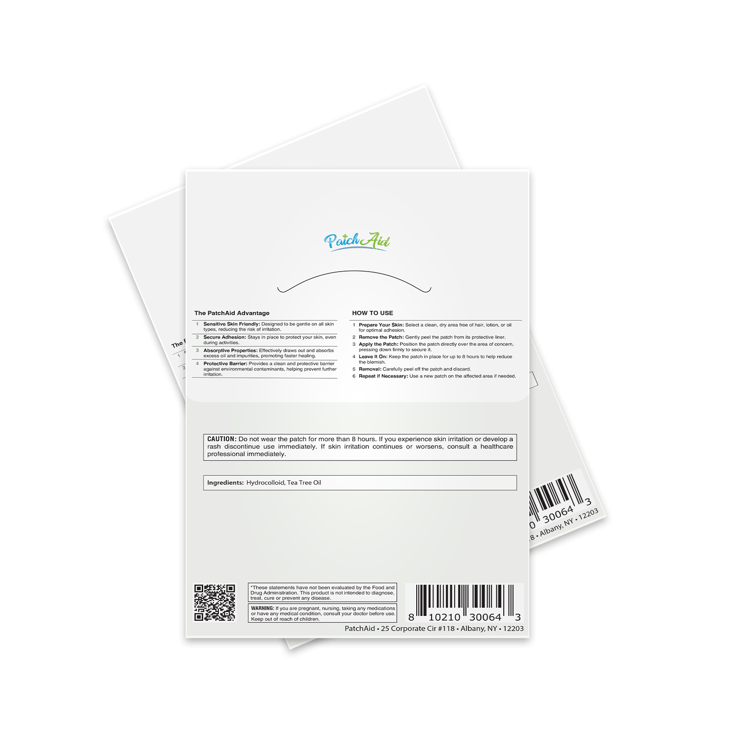 The back of a PatchAid product package displays usage instructions, ingredients, and safety warnings, with a clean design featuring the brand logo and a barcode.