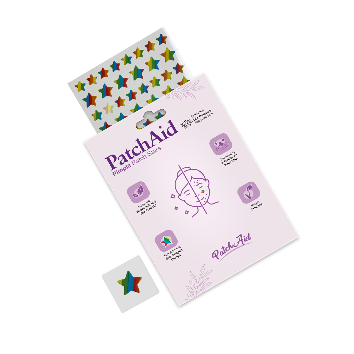 Pimple Patch Stars – 144 Multicolored Hydrocolloid Patches in 2 Sizes with Tea Tree Oil