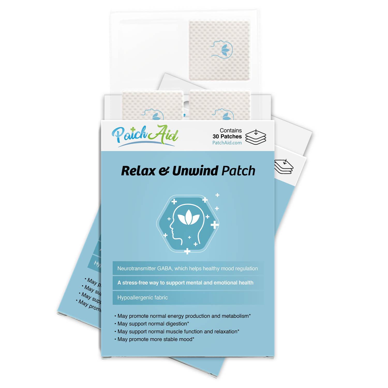 A box of "Relax & Unwind" patches is displayed, featuring a blue and white design with text highlighting benefits for mental and emotional health, containing 30 patches in a hypoallergenic fabric.