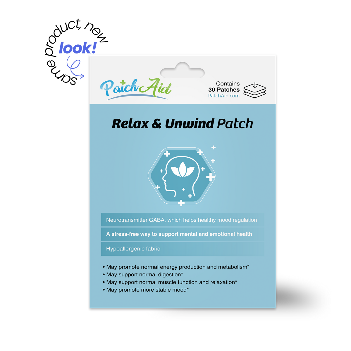 PatchAid Relax & Unwind Patch with GABA to support mood, muscle relaxation and emotional health. Hypoallergenic fabric; 30 patches.