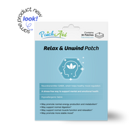PatchAid Relax & Unwind Patch with GABA to support mood, muscle relaxation and emotional health. Hypoallergenic fabric; 30 patches.
