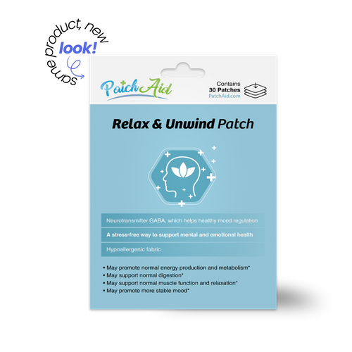 PatchAid Relax & Unwind Patch with GABA to support mood, muscle relaxation and emotional health. Hypoallergenic fabric; 30 patches.