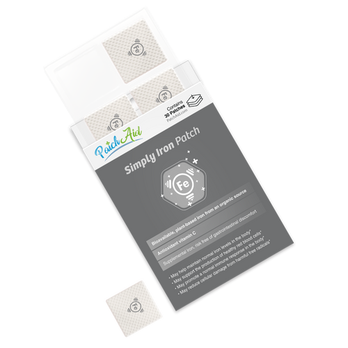 A package of Simply Iron Patches from PatchAid, featuring a sleek design with a dark background and white patches, highlights benefits like bioavailability and antioxidant properties.