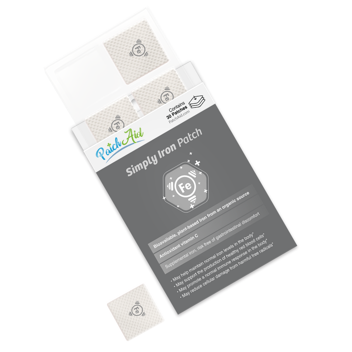 A package of Simply Iron Patches from PatchAid, featuring a sleek design with a dark background and white patches, highlights benefits like bioavailability and antioxidant properties.