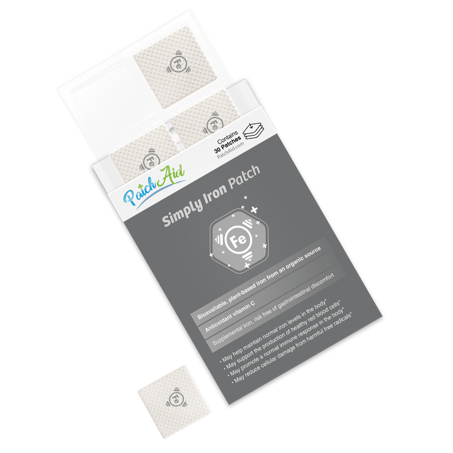 A package of Simply Iron Patches from PatchAid, featuring a sleek design with a dark background and white patches, highlights benefits like bioavailability and antioxidant properties.