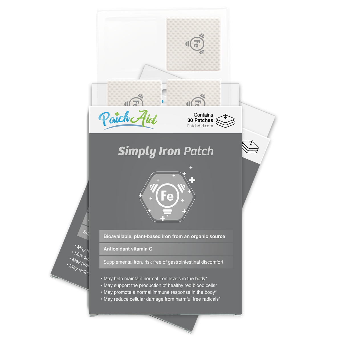 A package of Simply Iron Patches from PatchAid, featuring 30 bioavailable, plant-based iron patches, with details about their benefits and antioxidant vitamin C prominently displayed on the front.
