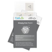 A package of Simply Iron Patches from PatchAid, featuring 30 bioavailable, plant-based iron patches, with details about their benefits and antioxidant vitamin C prominently displayed on the front.