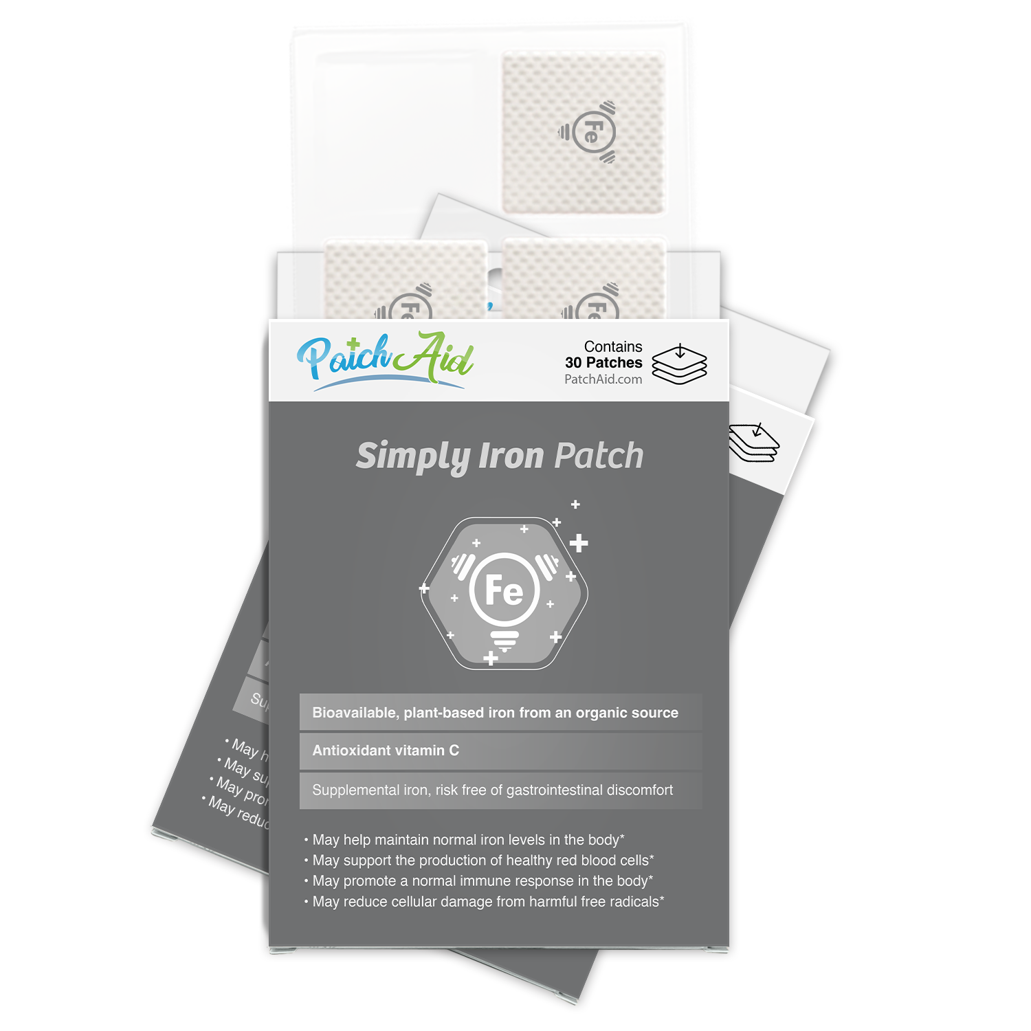 A package of Simply Iron Patches from PatchAid, featuring 30 bioavailable, plant-based iron patches, with details about their benefits and antioxidant vitamin C prominently displayed on the front.