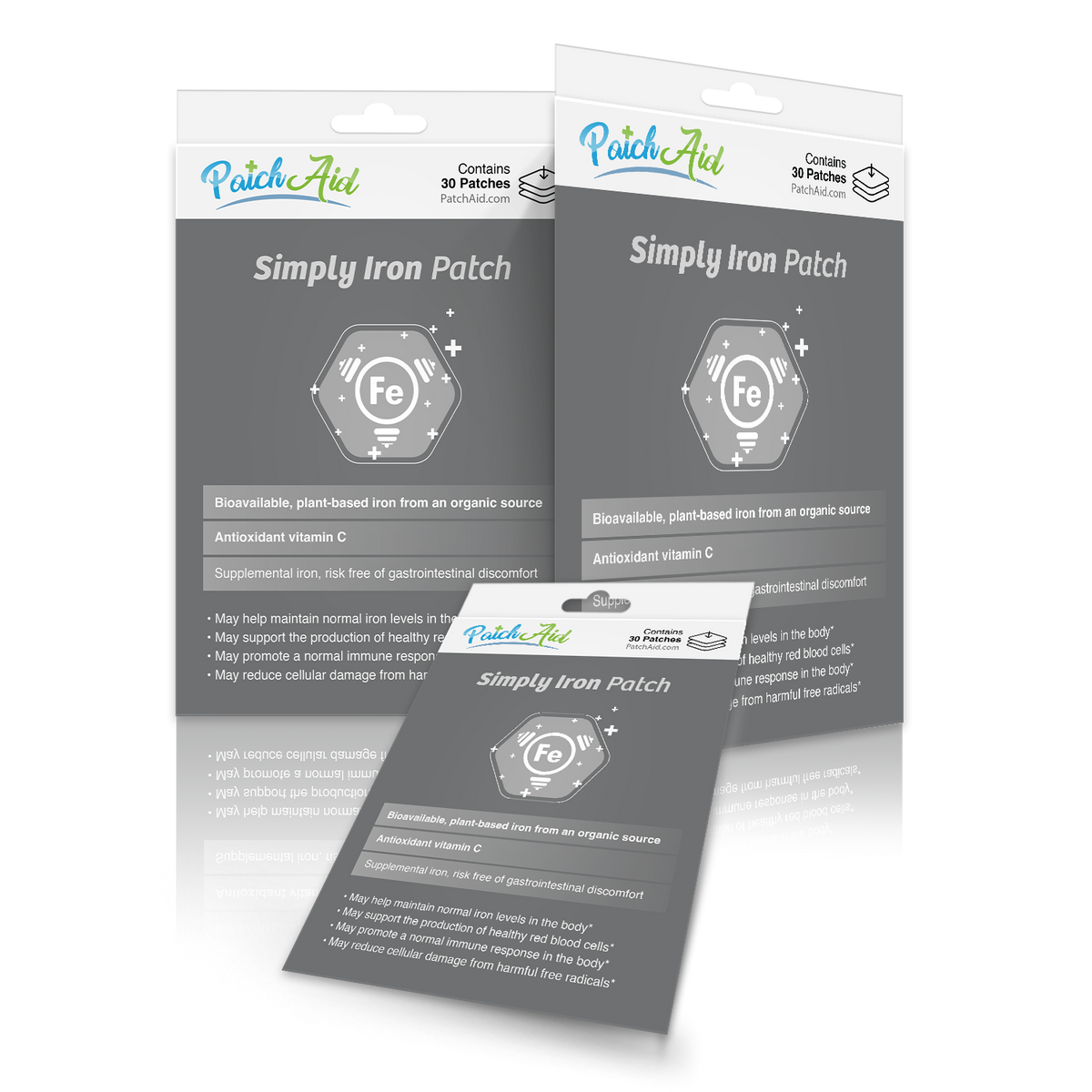Three packages of "Simply Iron Patch" by PatchAid are displayed, each containing 30 patches, featuring information about bioavailable iron, antioxidant vitamin C, and benefits for health.