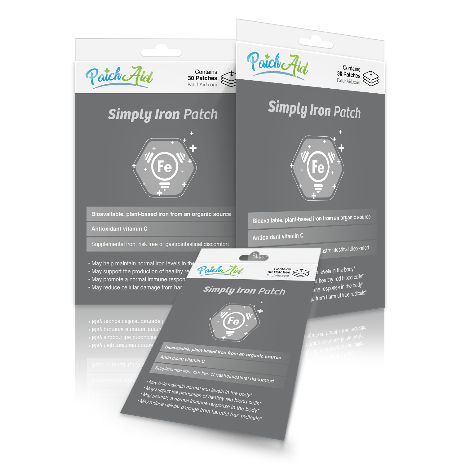 Three packages of "Simply Iron Patch" by PatchAid are displayed, each containing 30 patches, featuring information about bioavailable iron, antioxidant vitamin C, and benefits for health.