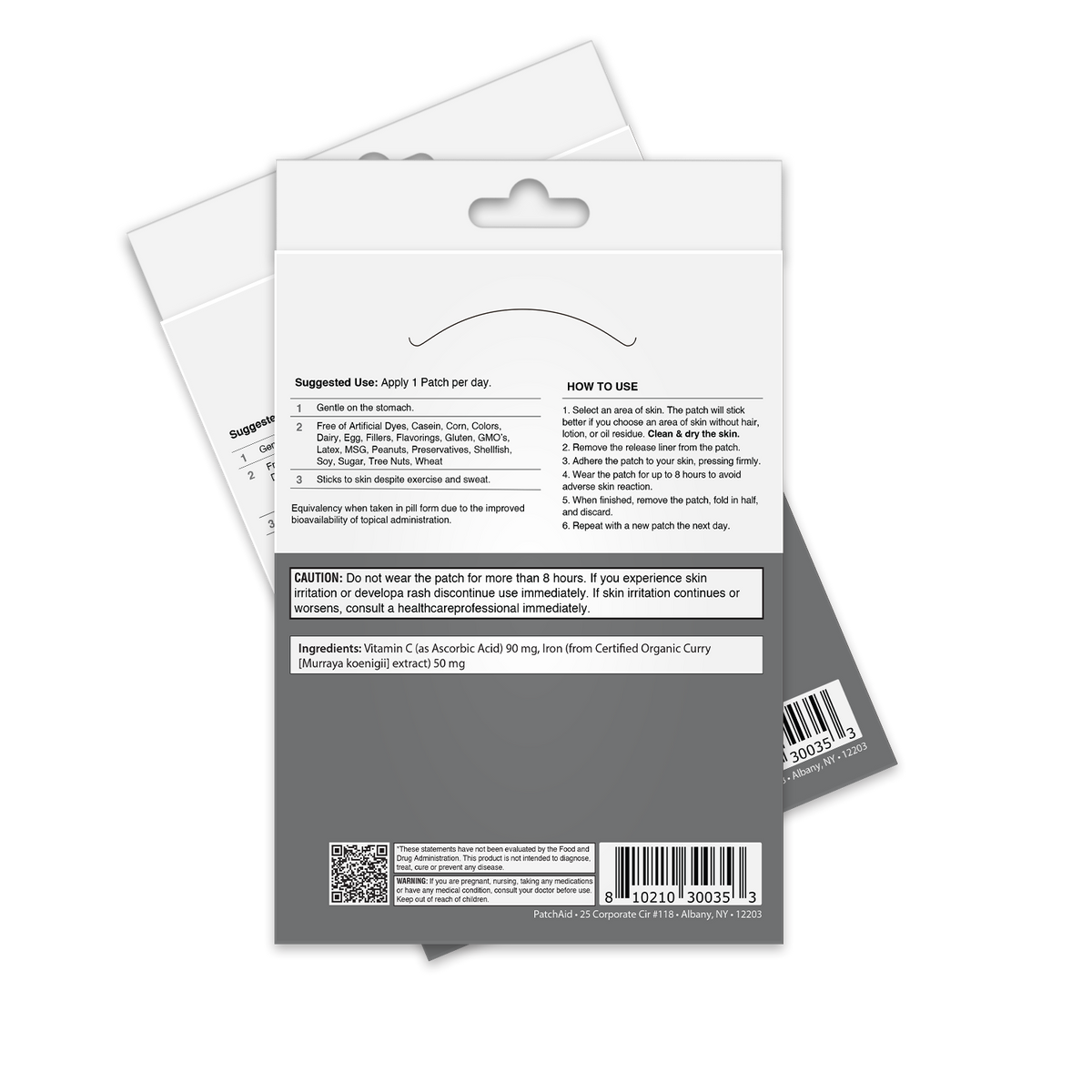 The image shows the back of a product package for a skin patch, detailing usage instructions, ingredients, and cautionary advice for applying the patch safely.