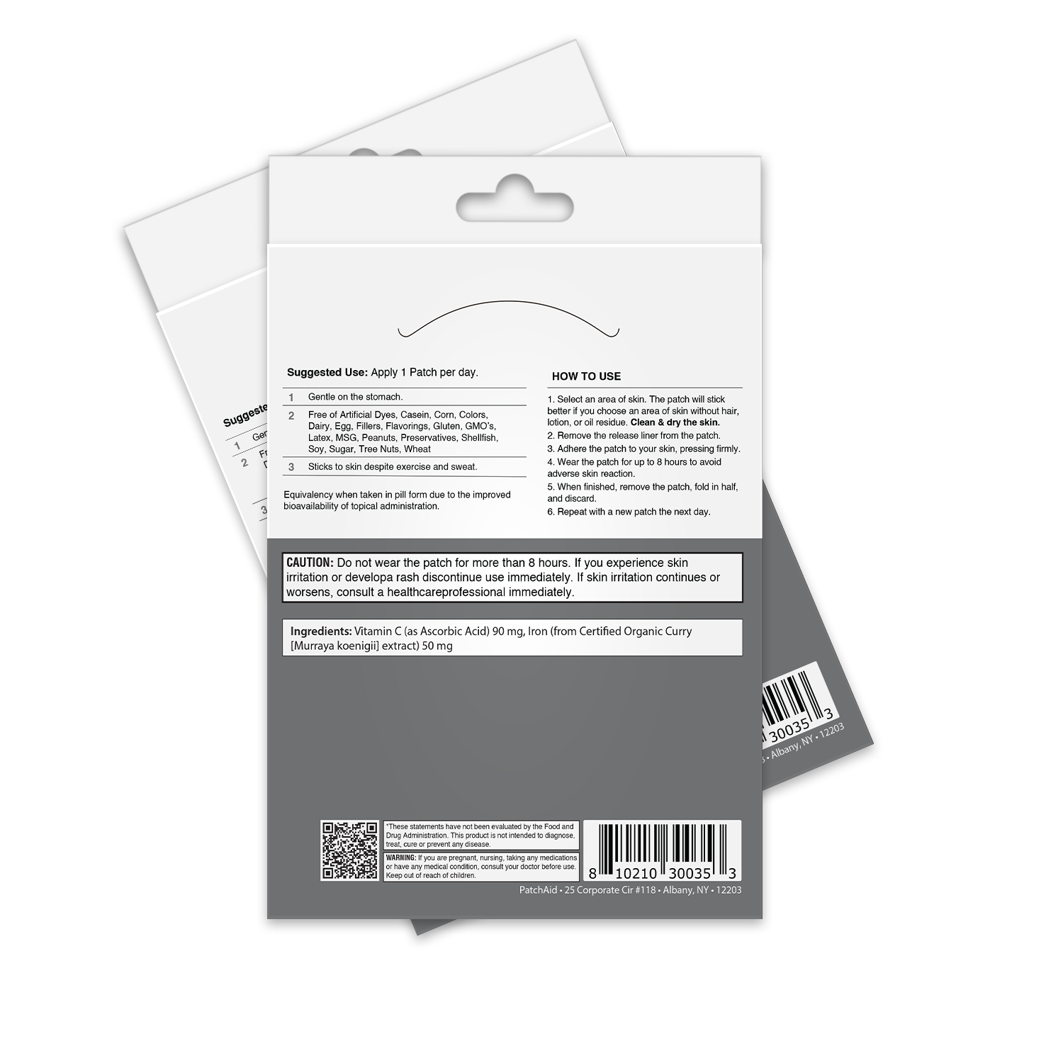 The image shows the back of a product package for a skin patch, detailing usage instructions, ingredients, and cautionary advice for applying the patch safely.