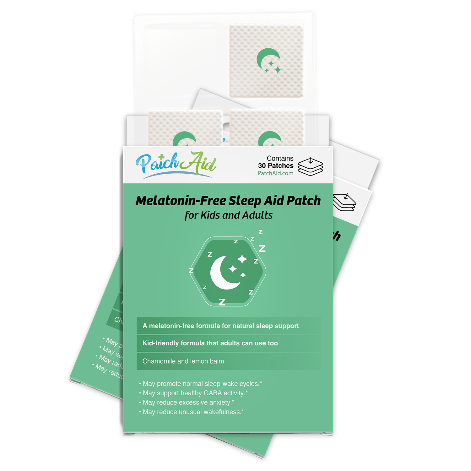 A package of Melatonin-Free Sleep Aid Patches for kids and adults, featuring a green design with sleep-related icons, highlights benefits like promoting sleep cycles and reducing anxiety.