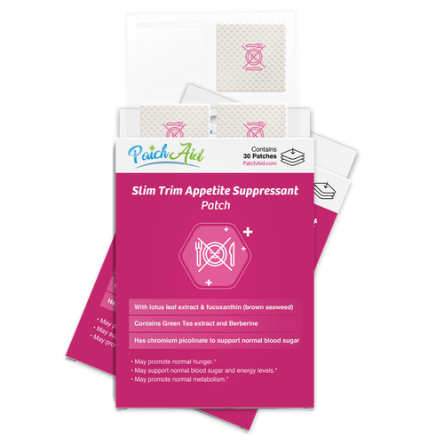 A colorful packaging for Slim Trim Appetite Suppressant patches displays the product name and benefits, featuring a pink background with icons related to appetite control and health.