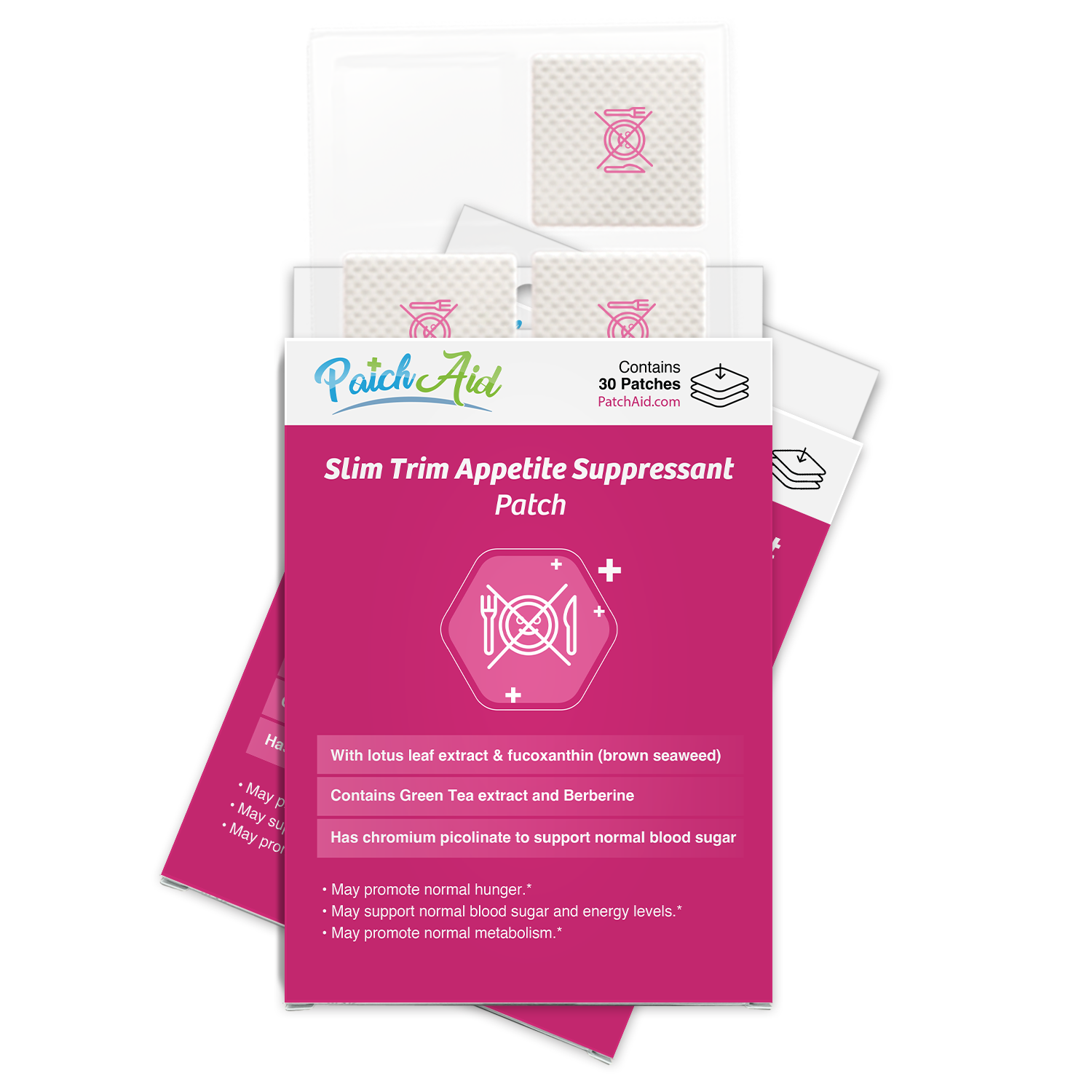 A colorful packaging for Slim Trim Appetite Suppressant patches displays the product name and benefits, featuring a pink background with icons related to appetite control and health.