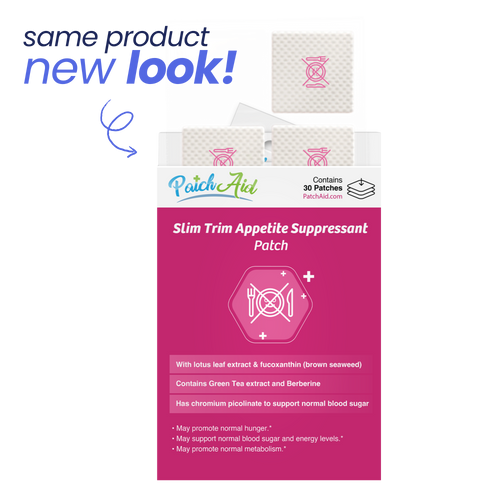 Slim Trim Appetite Suppressant Patch packaging with 'same product new look' text 