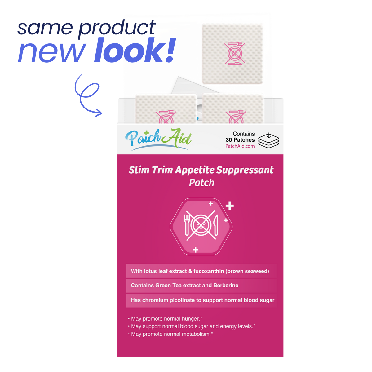 Slim Trim Appetite Suppressant Patch packaging with 'same product new look' text 