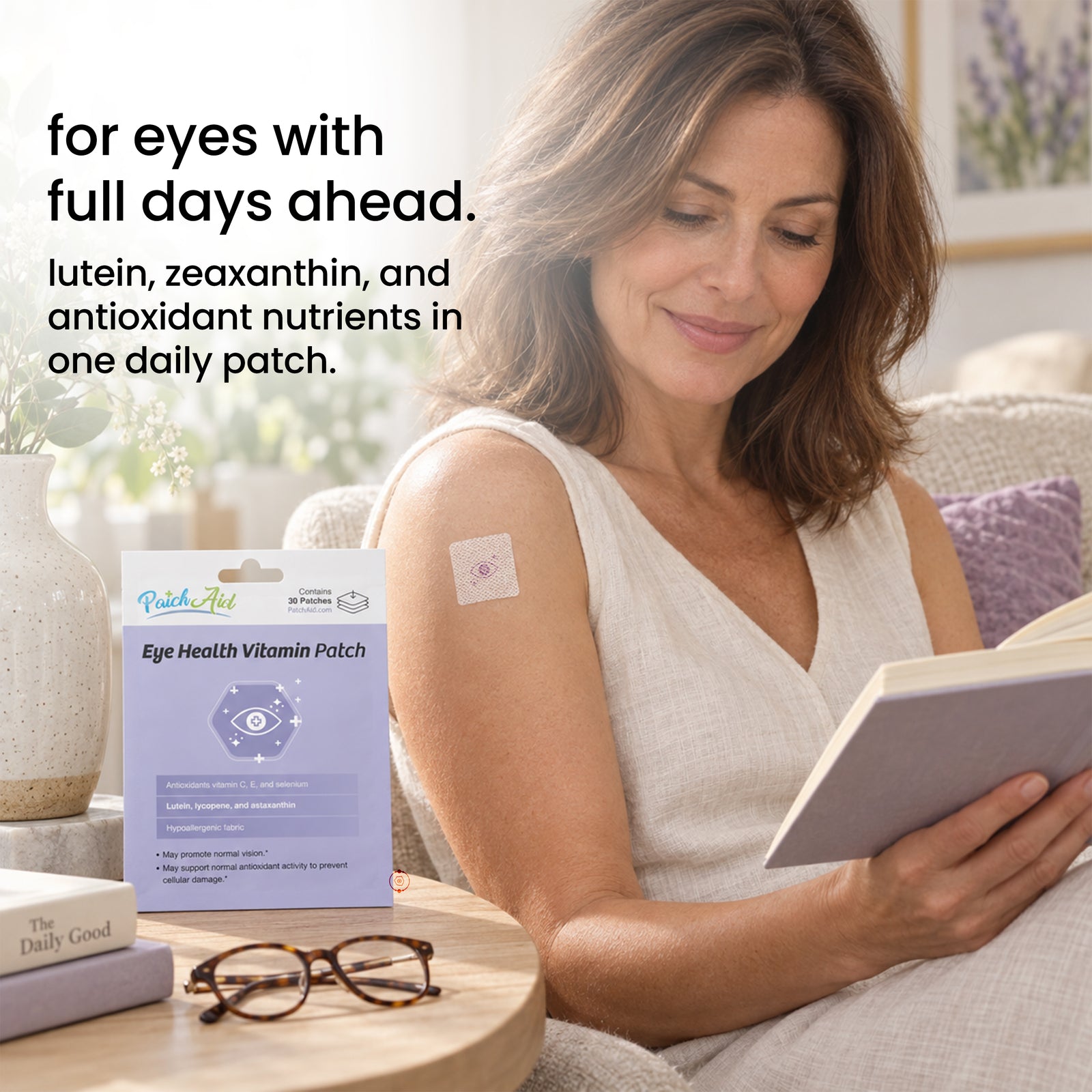 Eye Health Vitamin Patch with vitamins C and E, selenium, lutein, lycopene and astaxanthin to support normal vision and antioxidant activity.