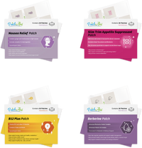 Four colorful product packaging designs for health patches are displayed, featuring labels for Nausea Relief, Slim Trim Appetite Suppressant, B12 Plus, and Berberine, each highlighting key benefits and ingredients.